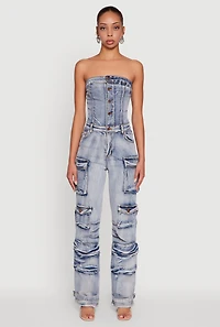 Womens Acid Wash Denim Multi Cargo Pocket Strapless Jumpsuit, Blue, Size S