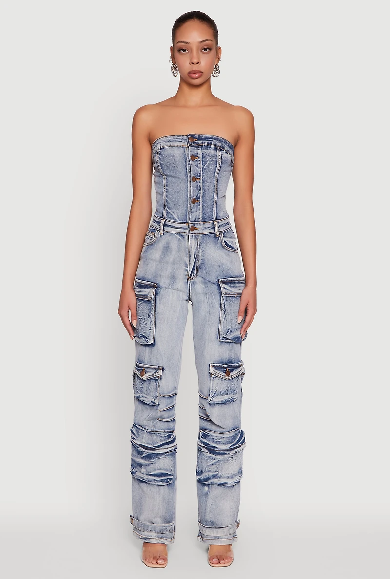 Womens Acid Wash Denim Multi Cargo Pocket Strapless Jumpsuit,