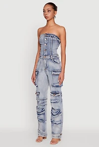 Womens Acid Wash Denim Multi Cargo Pocket Strapless Jumpsuit, Blue, Size S