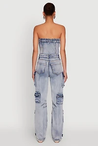 Womens Acid Wash Denim Multi Cargo Pocket Strapless Jumpsuit, Blue, Size S