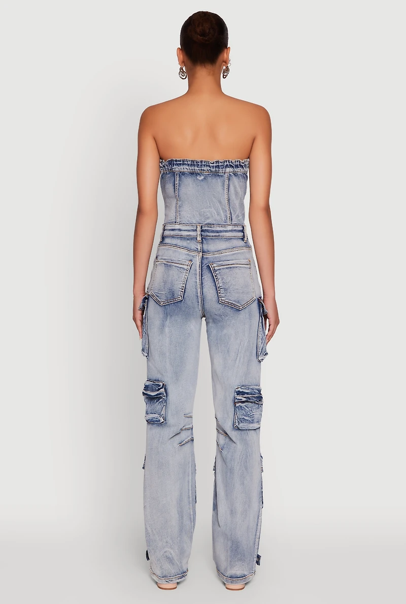 Womens Acid Wash Denim Multi Cargo Pocket Strapless Jumpsuit,