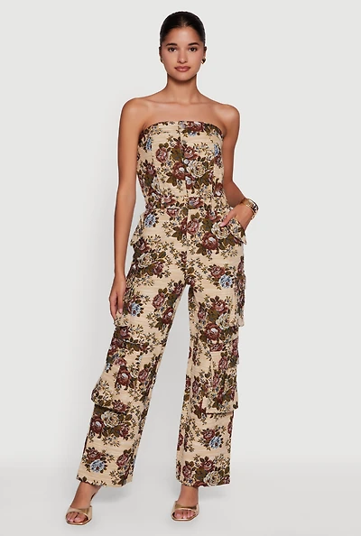 Womens Floral Jacquard Strapless Utility Jumpsuit, Beige, Size M