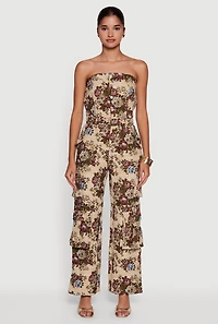 Womens Floral Jacquard Strapless Utility Jumpsuit, Multi, Size L