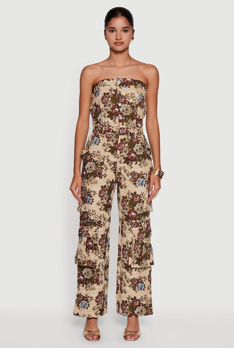 Womens Floral Jacquard Strapless Utility Jumpsuit, Multi, Size S