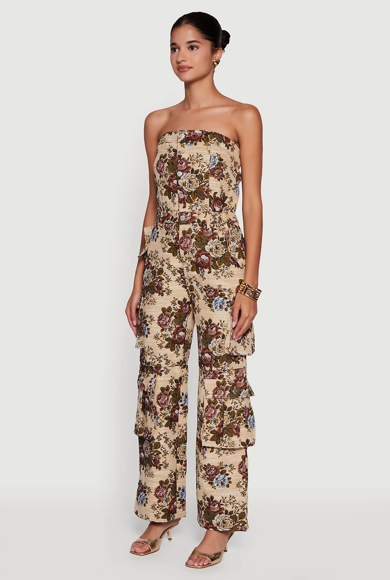 Womens Floral Jacquard Strapless Utility Jumpsuit, Multi, Size L