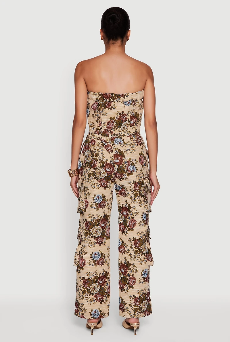 Womens Floral Jacquard Strapless Utility Jumpsuit, Multi, Size L