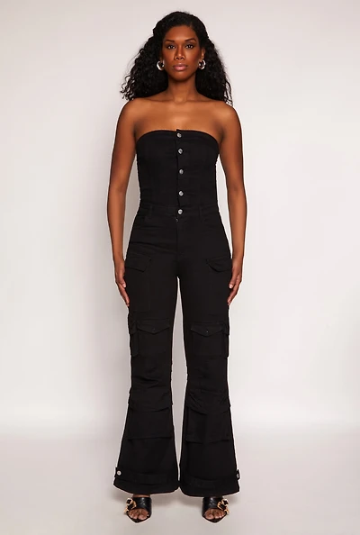Womens Daisy Denim Cargo Pocket Jumpsuit, Black, Size M