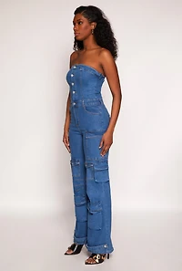 Womens Daisy Denim Cargo Pocket Jumpsuit, Blue, Size M