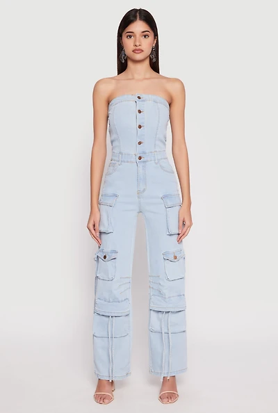 Womens Daisy Denim Straight Leg Cargo Jumpsuit, Blue, Size XL