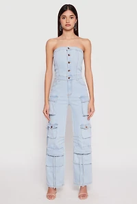 Womens Daisy Denim Straight Leg Cargo Jumpsuit, Blue,