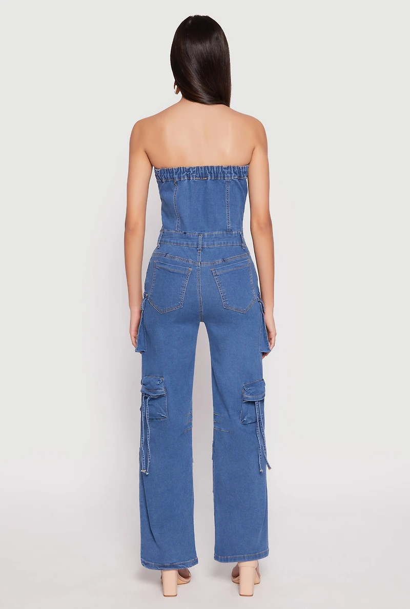 Womens Daisy Denim Straight Leg Cargo Jumpsuit, Blue, Size L