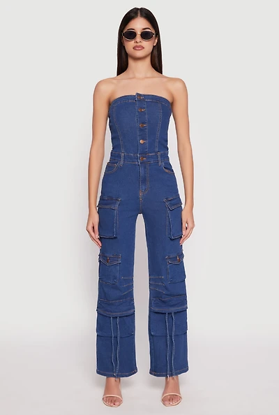 Womens Daisy Denim Straight Leg Cargo Jumpsuit, Blue,