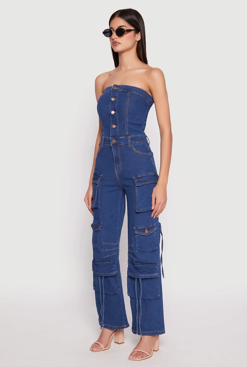 Womens Daisy Denim Straight Leg Cargo Jumpsuit, Blue, Size S