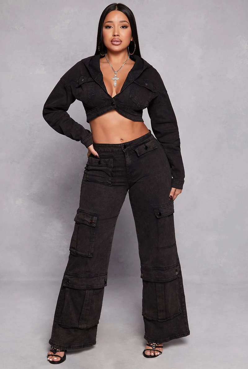 Womens Spoon Jeans Wide Leg Cargo Jeans, Black, Size M