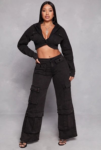 Womens Spoon Jeans Wide Leg Cargo Jeans, Black, Size M