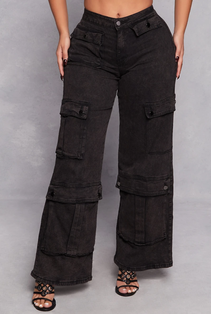 Womens Spoon Jeans Wide Leg Cargo Jeans, Black, Size M