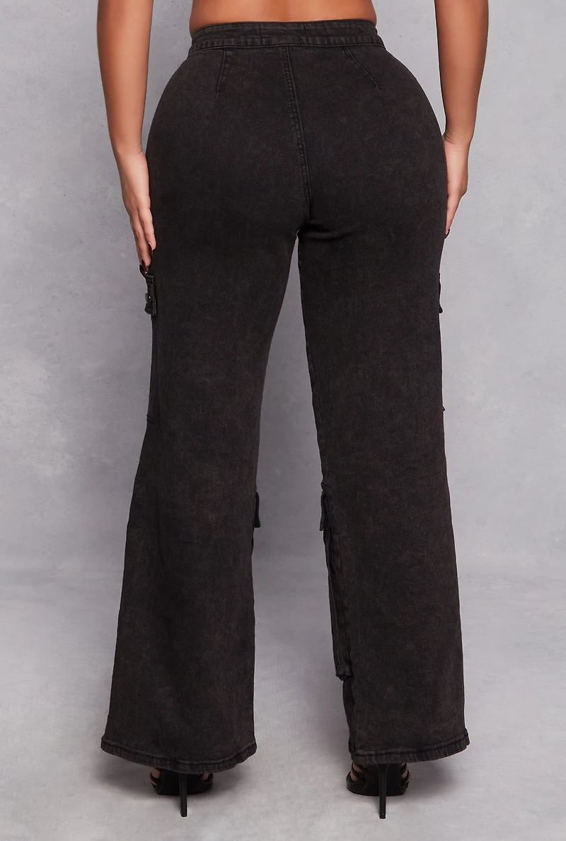 Womens Spoon Jeans Wide Leg Cargo Jeans, Black, Size M