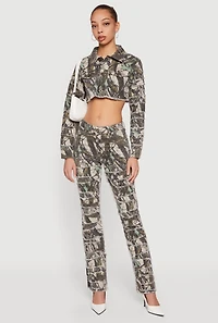 Tree Camo Denim Cropped Frayed Hem Jacket