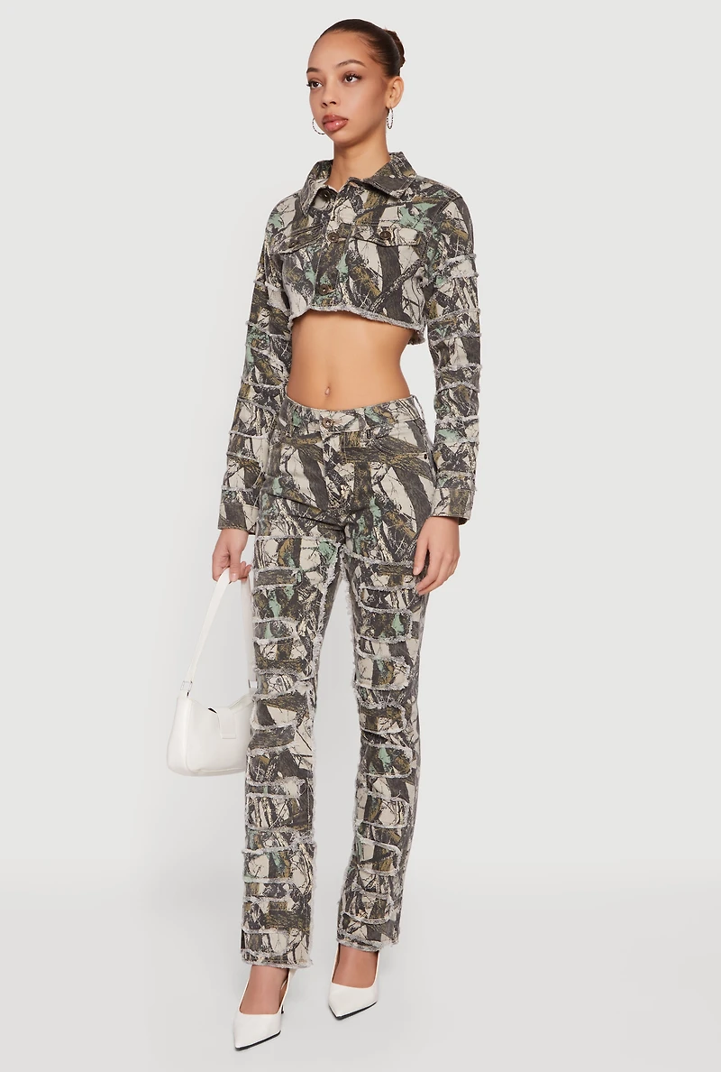 Tree Camo Denim Cropped Frayed Hem Jacket
