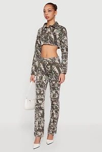Tree Camo Denim Cropped Frayed Hem Jacket