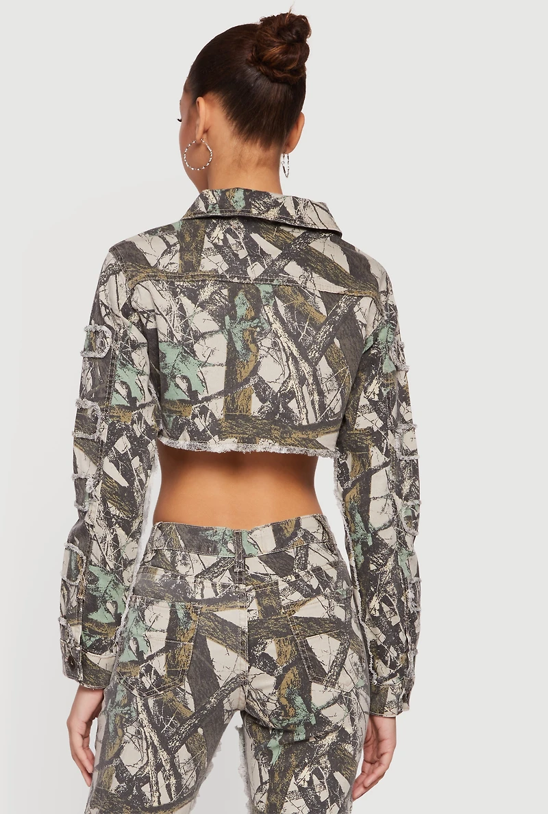 Tree Camo Denim Cropped Frayed Hem Jacket