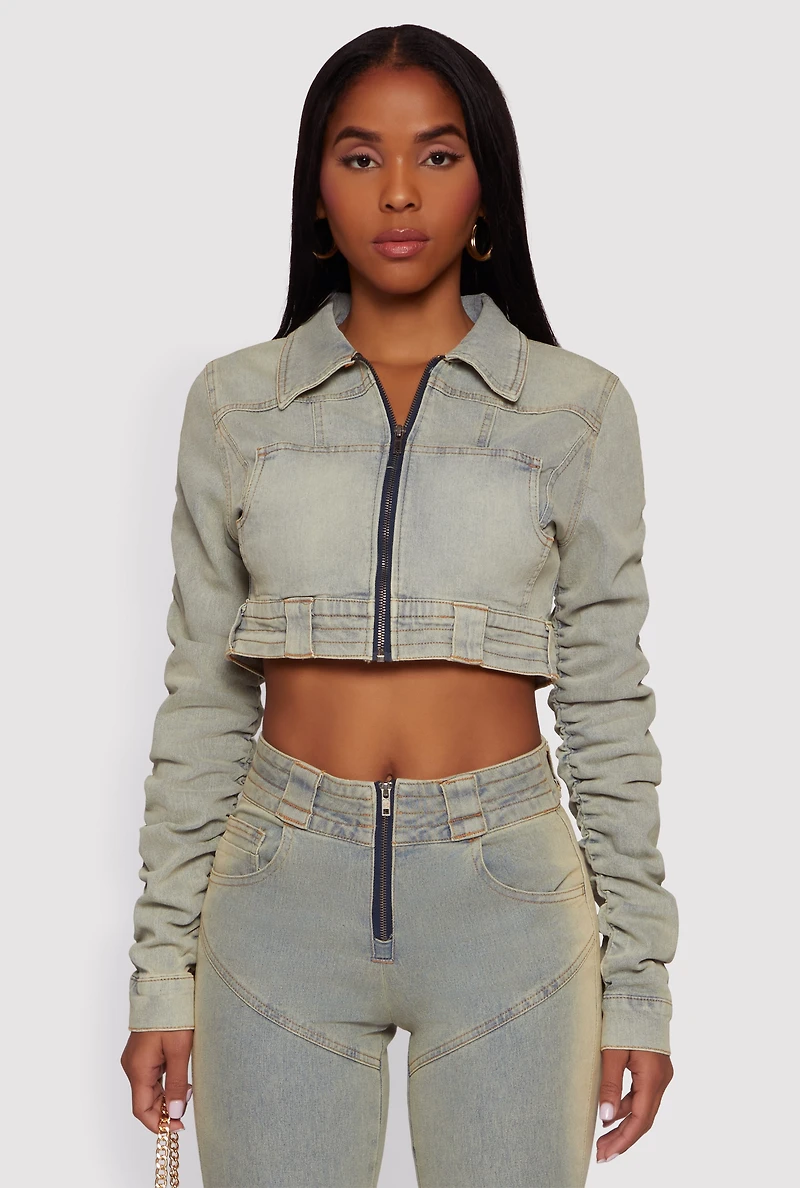 Acid Wash Cropped Zip Front Jean Jacket