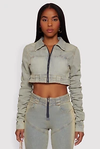 Acid Wash Cropped Zip Front Jean Jacket