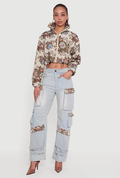 Womens Jacquard Trim Cargo Pocket Acid Wash Jeans, Blue,