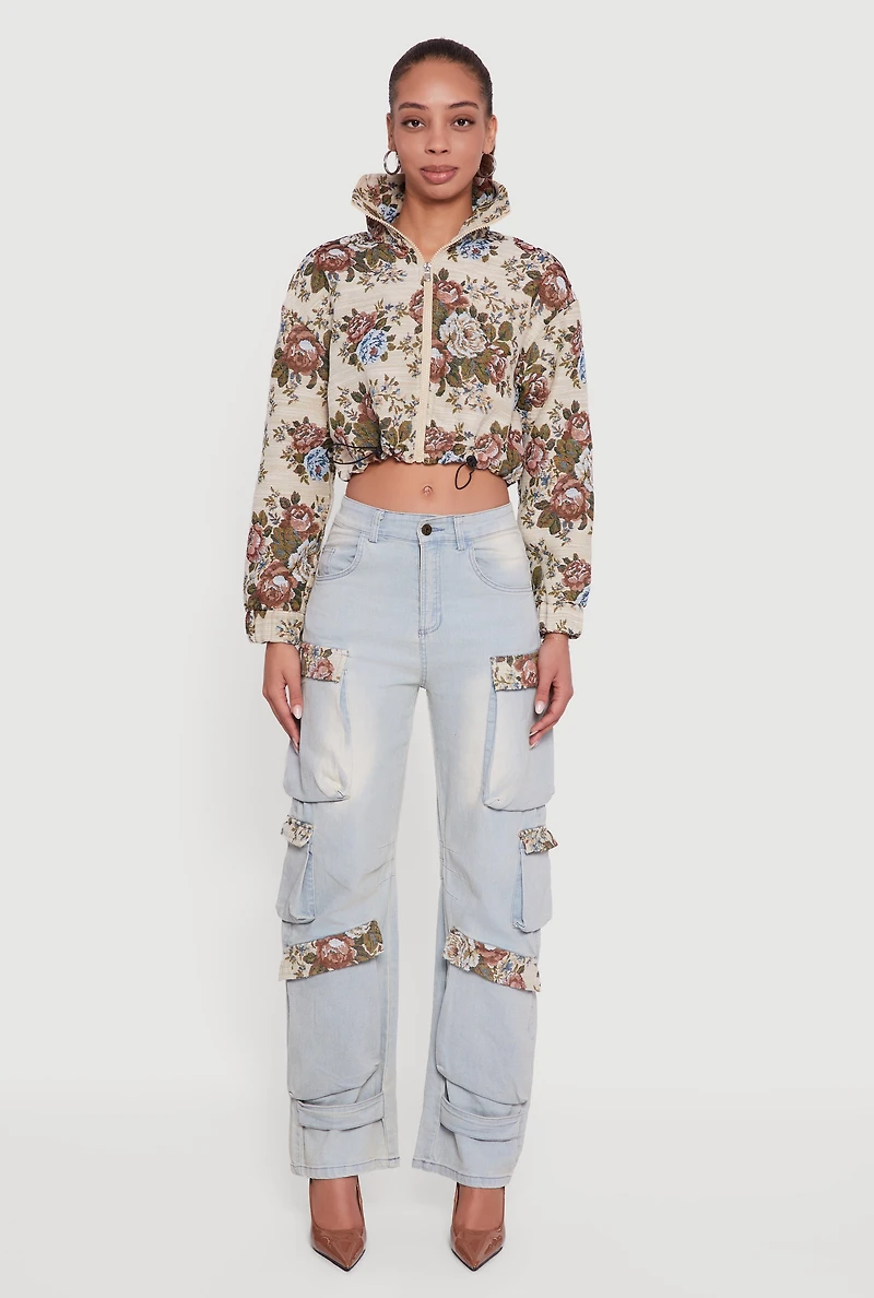 Womens Jacquard Trim Cargo Pocket Acid Wash Jeans, Blue, Size L