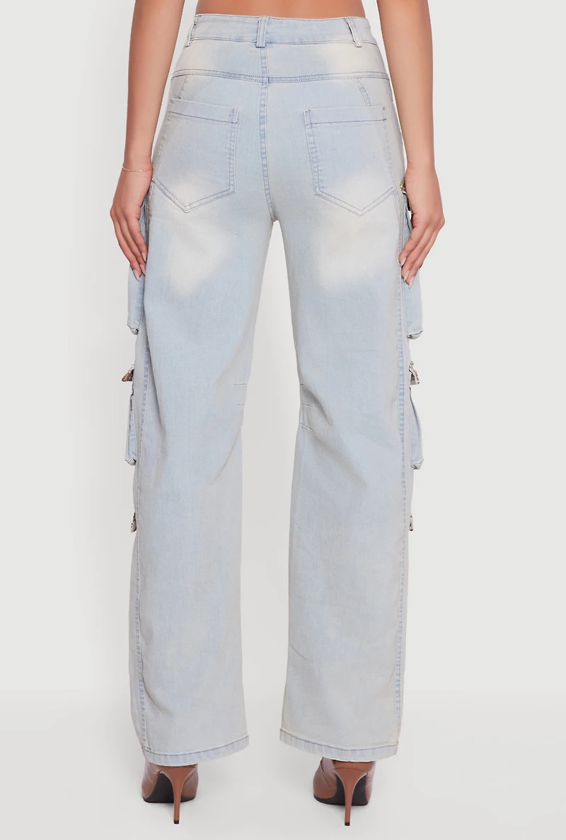 Womens Jacquard Trim Cargo Pocket Acid Wash Jeans, Blue, Size L