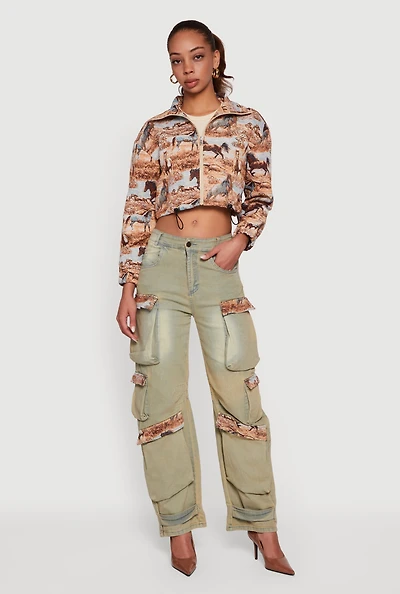 Jacquard Trim Cargo Pocket Acid Wash Jeans