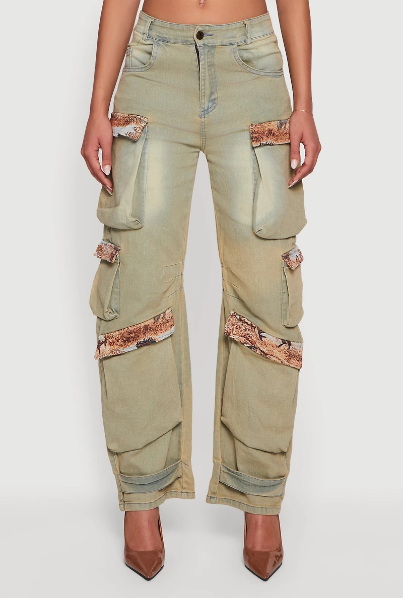 Jacquard Trim Cargo Pocket Acid Wash Jeans