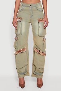 Jacquard Trim Cargo Pocket Acid Wash Jeans