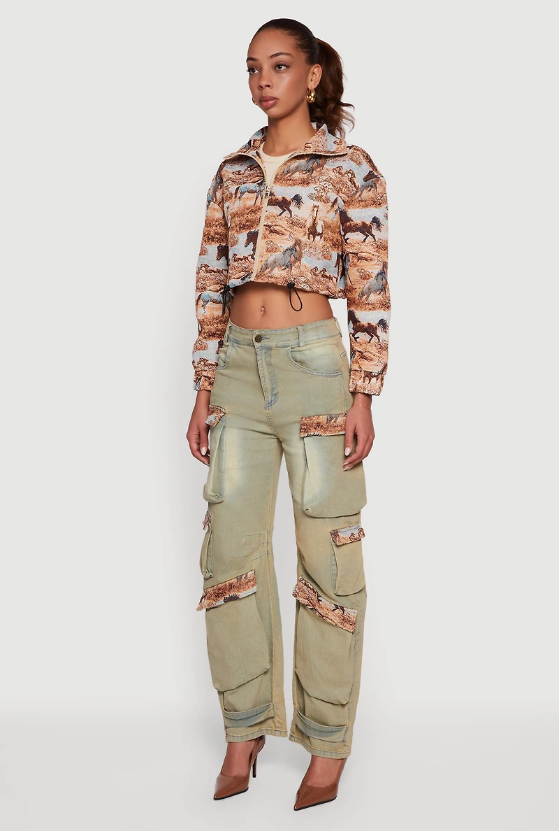 Jacquard Trim Cargo Pocket Acid Wash Jeans