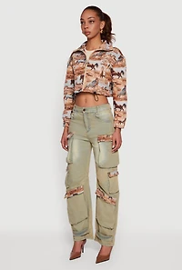 Jacquard Trim Cargo Pocket Acid Wash Jeans