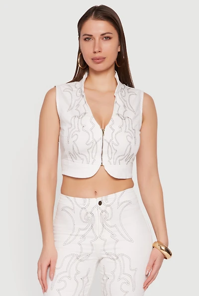 Decorative Stitch Zip Front Cropped Denim Vest
