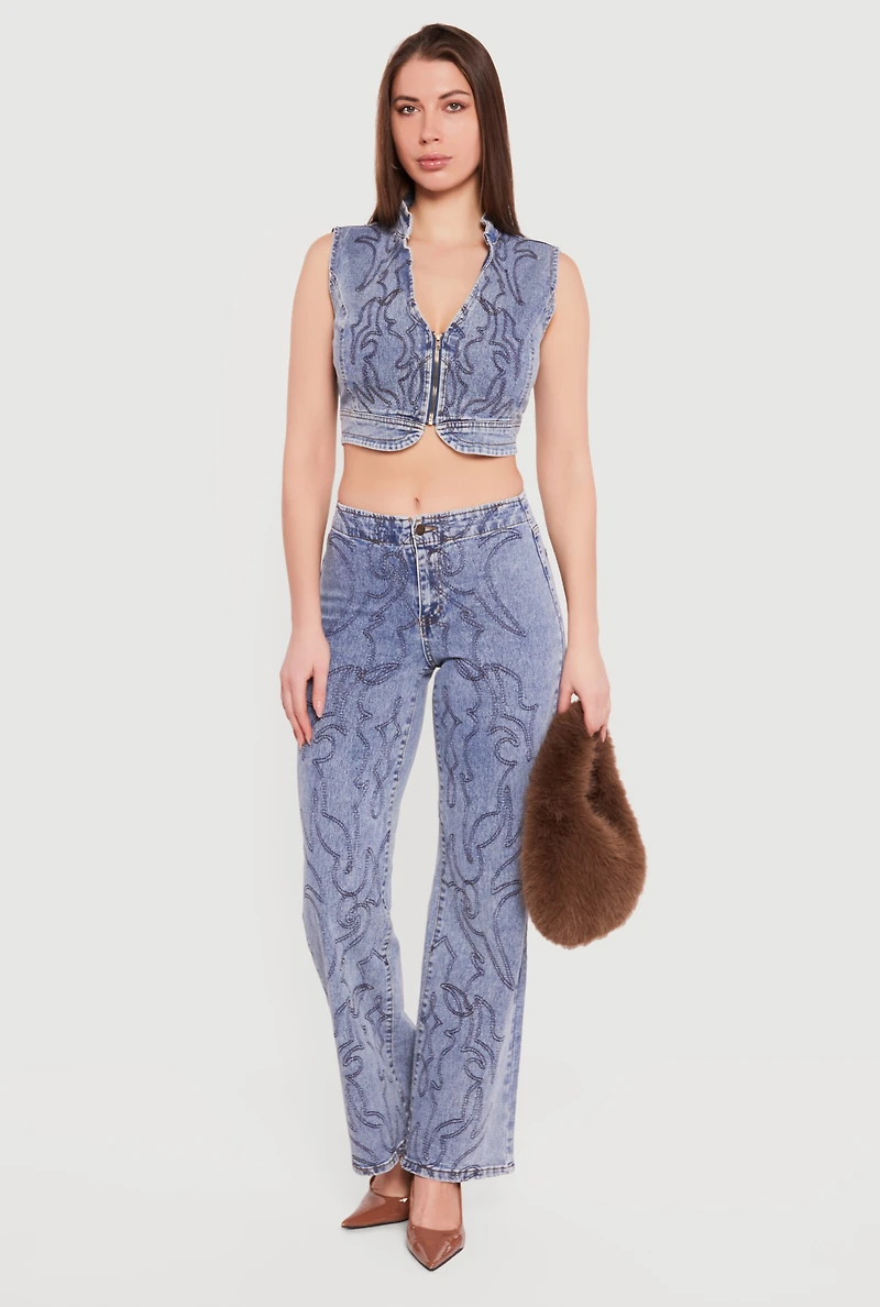 Decorative Stitch Zip Front Cropped Denim Vest