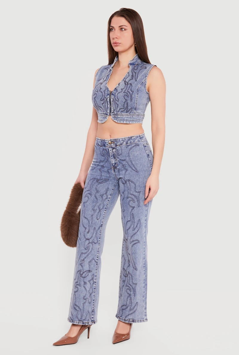 Decorative Stitch Zip Front Cropped Denim Vest