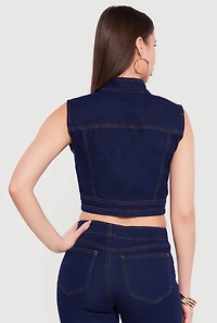 Decorative Stitch Zip Front Cropped Denim Vest