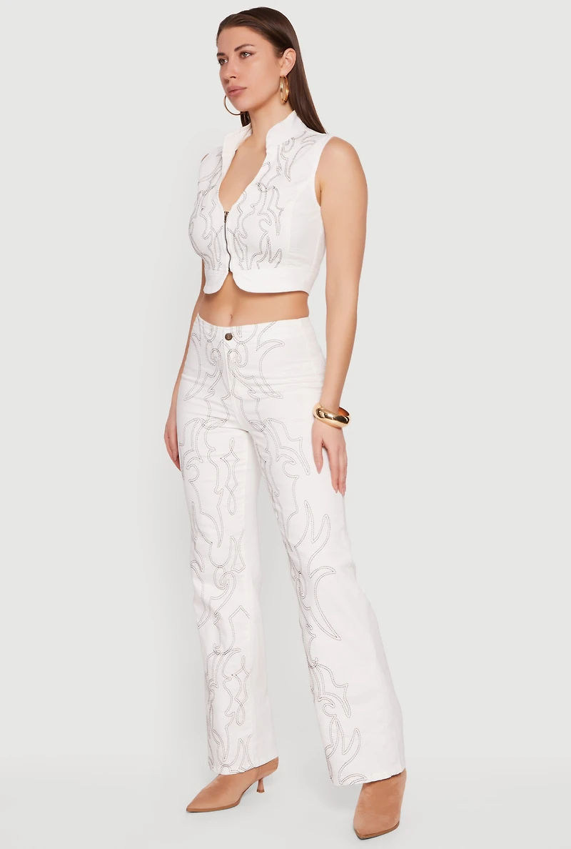 Straight Leg Western Decorative Stitch Jeans