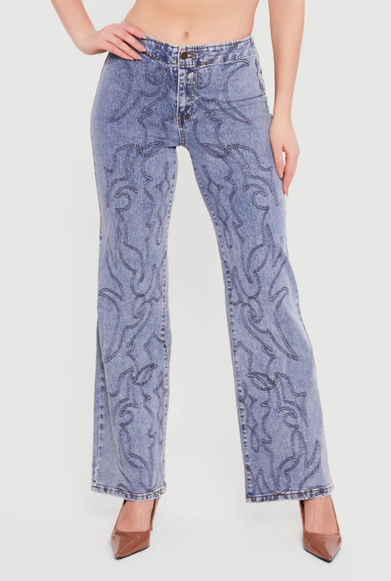 Straight Leg Western Decorative Stitch Jeans