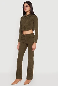 Studded Embroidered Cropped Button Front Denim Jacket
