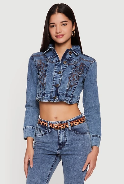 Studded Embroidered Cropped Button Front Denim Jacket