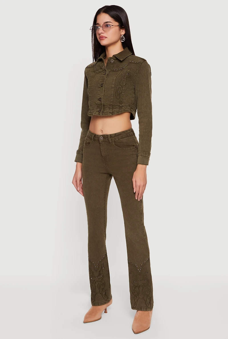 Studded Embroidered Straight Leg Jeans