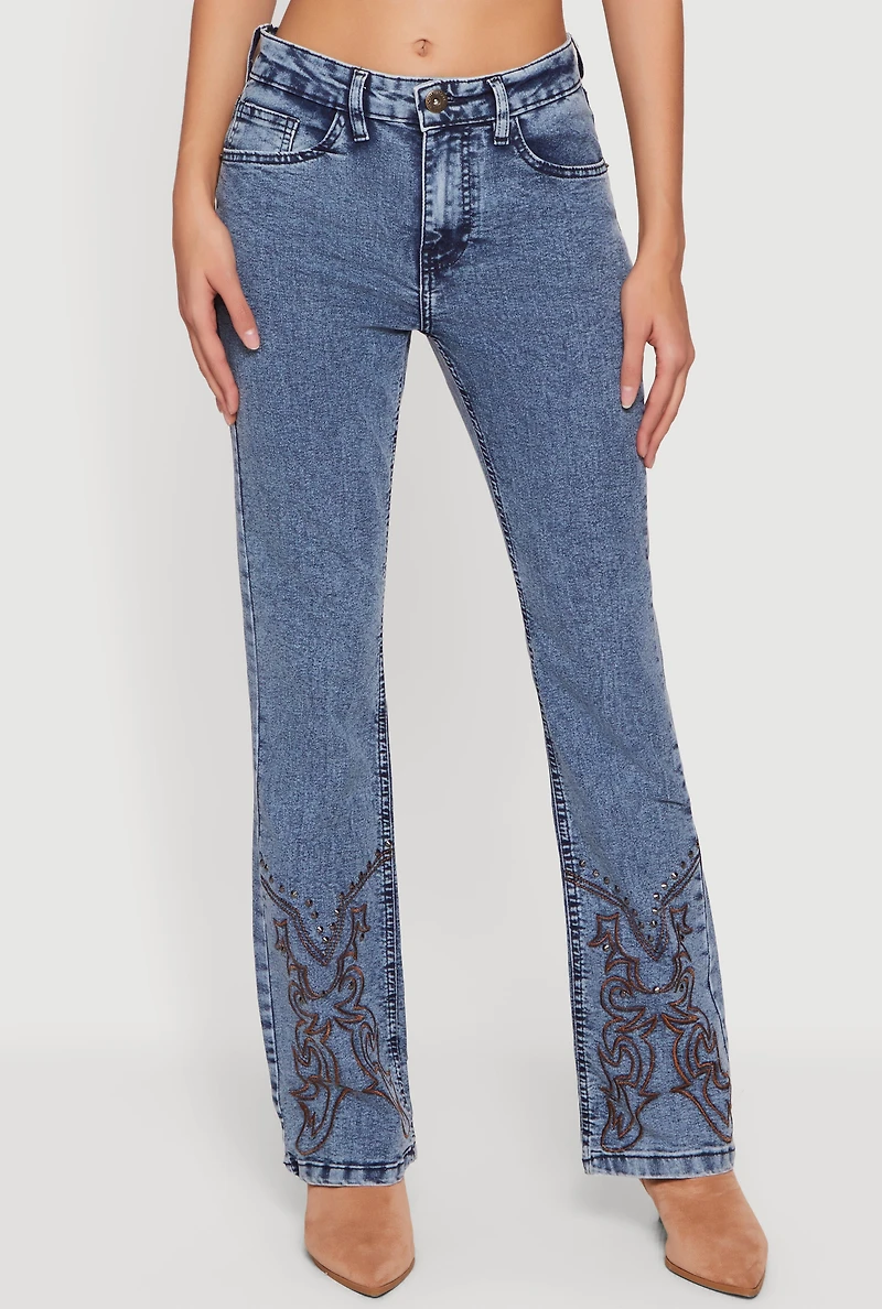Studded Embroidered Straight Leg Jeans