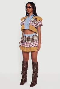 Cropped Denim Detail Raw Hem Plaid Tiered Shirt