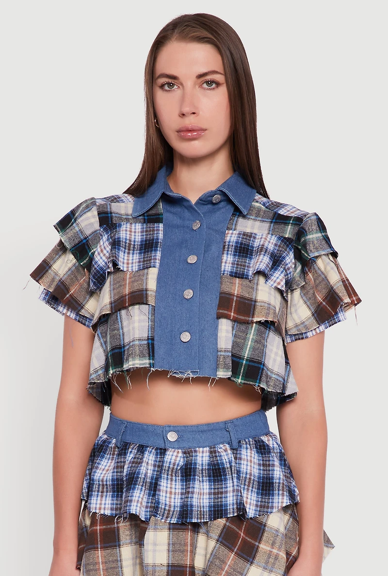 Womens Cropped Denim Detail Raw Hem Plaid Tiered Shirt, Multi, Size S