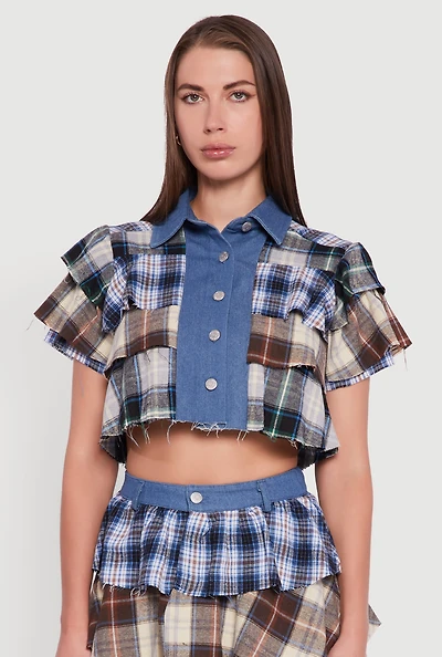 Womens Cropped Denim Detail Raw Hem Plaid Tiered Shirt, Multi, Size S