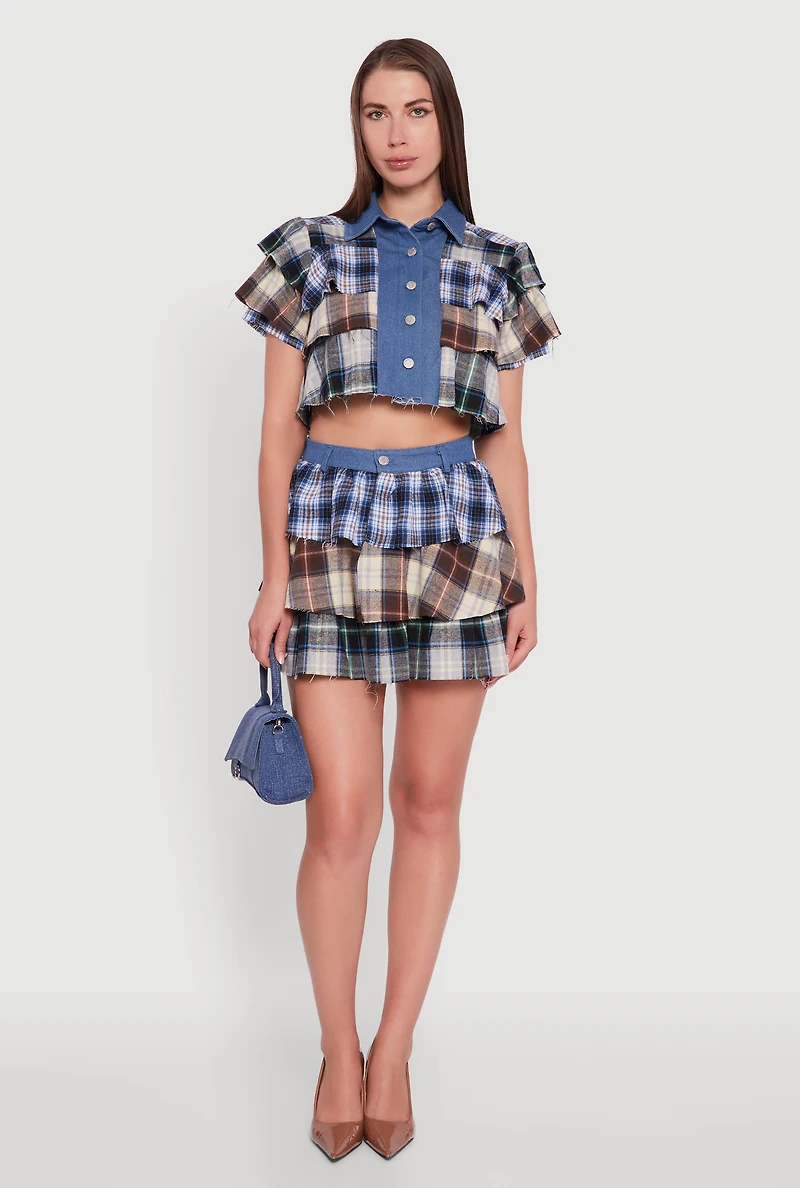 Womens Cropped Denim Detail Raw Hem Plaid Tiered Shirt, Multi, Size L