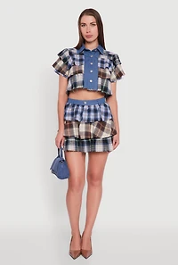 Womens Cropped Denim Detail Raw Hem Plaid Tiered Shirt, Multi, Size L